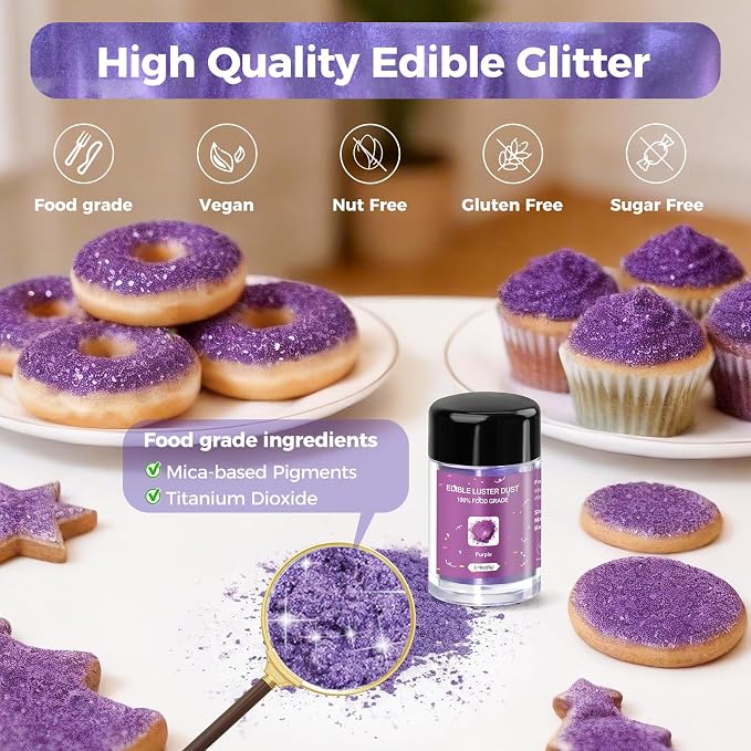 CRPTHE Purple Luster Dust Edible 5g, Edible Glitter for Drinks, Food Grade Glitter Shimmer Sprinkle Powder for Cocktails, Baking, Beverages, Cakes, Strawberries, Cookies, Fondant, Vegan