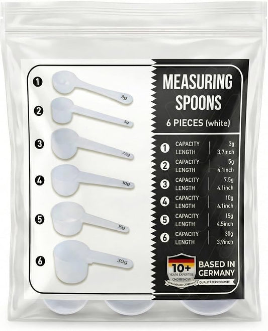 Measure spoons | measuring spoons set of 6 | exact dosing 3 gram scoop, 5 gram scoop, 7,5g, 10g, 15g, 30g | kitchen measuring set for powder and liquids | plastic medicine spoon and cups