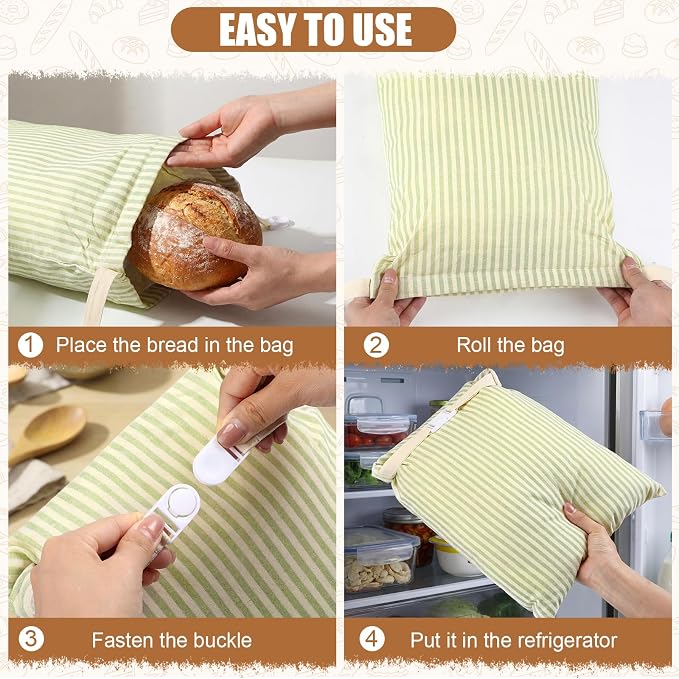 2 Pack Reusable Striped Bread Bags Set with Drawstring Cotton Linen Food Storage Bags for Homemade Bread & Sourdough 17"x 13" Lined Food Bag Cover Keep Loaves Fresh Longer(Green Stripes)