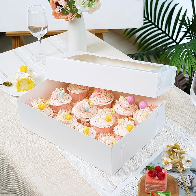 Moretoes 40pcs 14x10x4in Sheet Cake Boxes, Quarter Sheet Bakery Boxes with Window, for Pastry Baking Cake, Cupcakes, Donuts, Cookies, Pie Treat Packaging, White Large