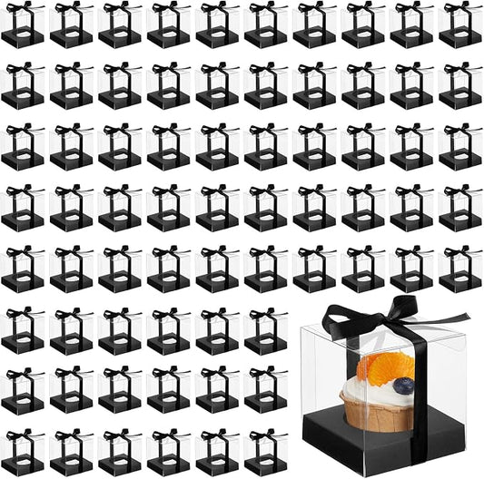 96 Pieces Individual Cupcake Boxes Single Cupcake Container Clear Cupcake Carrier Plastic Cupcake Storage Cupcake Holder with Ribbon and Insert for Wedding Birthday Party Favor, 3.5 x 3.5 x 3.5(Black)