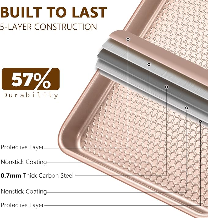 Wildone 2 Pack Half Sheet Baking Pans, Honeycomb Embossed Nonstick Baking Sheet 17.5x12 In, Thicker Carbon Steel Cookie Sheet, Even Heating & Warp Resistant, Rose Gold