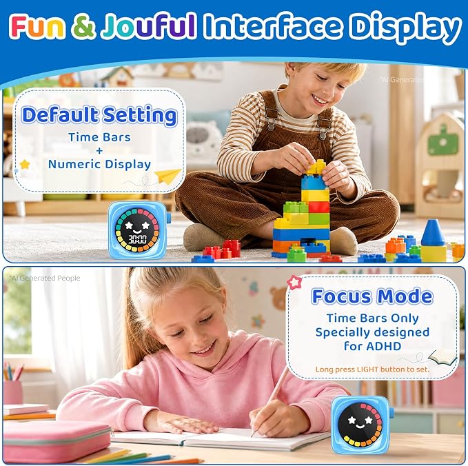 Visual Timer for Kids, 99 Minute Digital Cute Kids Visual Timer Classroom Timer for Homeschool Supplies Study Teaching Time Management Tool Countdown Productivity Timer, Blue, Colorful Display