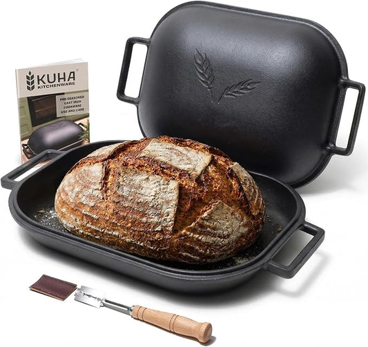 KUHA Cast Iron Bread Oven with Lid | Oval Sourdough Dutch Oven for Bread Baking | Pre-Seasoned Cast Iron Bread Pan | Bread Lame Included
