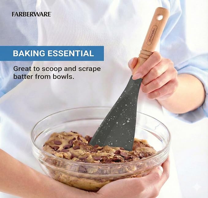 Farberware Pro Spoonula with Grey and White Speckle Design - Beechwood Handle with Hang Hole - Flexible Scraper Spoon for Mixing, Scraping, and Serving in Kitchen