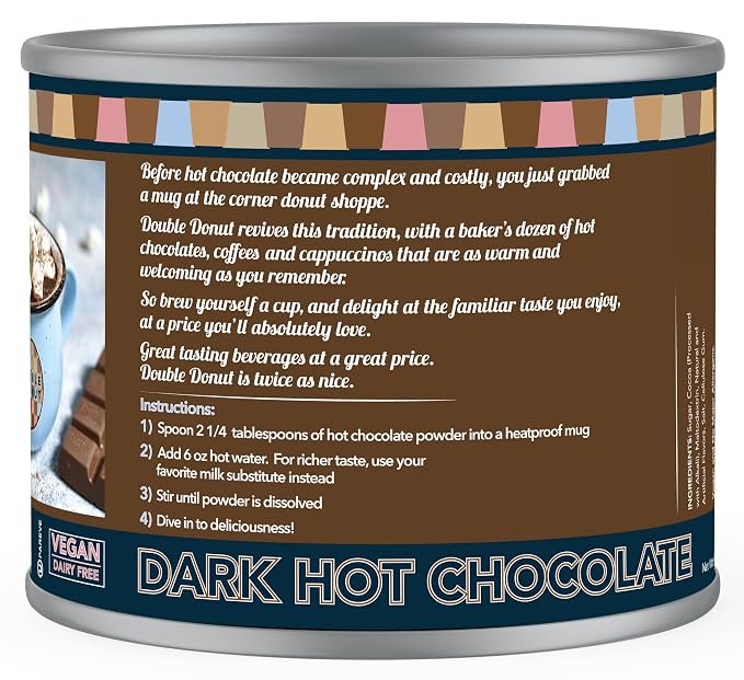 Double Donut Coffee Dark Vegan Hot Cocoa, Rich Chocolate Cocoa Mix, Gluten & Dairy Free, Velvety Smooth, 9.87 Oz