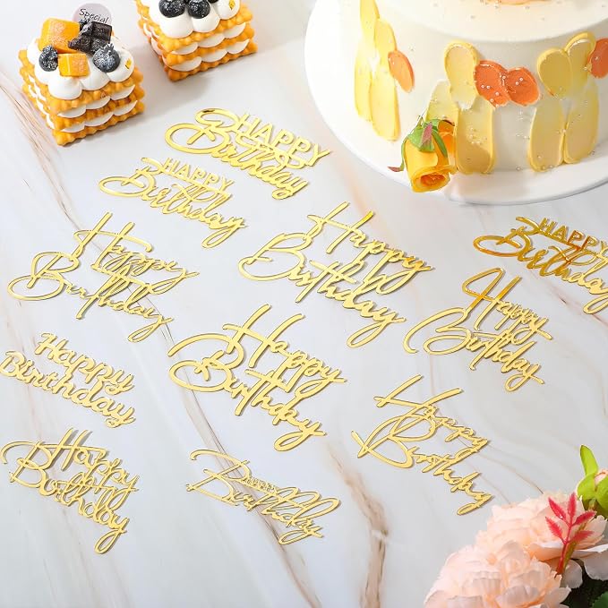 Barydat 50 Pcs Happy Birthday Cake Toppers Bulk Mirror Acrylic Cupcake Topper Decorations Happy Birthday Sign for Cake Inserts Decor Celebrate Anniversary Theme Party Supplies 10 Style(Gold)