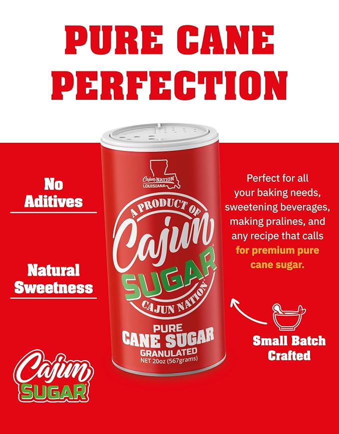 Cajun Nation CAJUN SUGAR 100% Pure Cane Sugar – White Sugar 20oz Canister, Natural Sugar for Coffee, Tea, Baking – Sugarcane Sweetness – The Sweet Is Right – Geaux Get the Red Can! 2-Pack