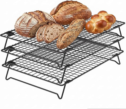 3 Pack Cooling Racks for Cooking and Baking, 17 x 11 Inch 3-Tier Stackable Cookie Cooling Rack Tall Baking Racks, Carbon Steel Roasting Wire Rack for Baking, Grilling Making Jerky (Black)