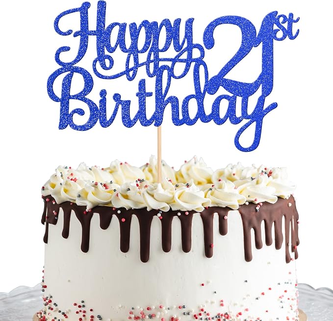 1 PCS Happy 21st Birthday Cake Topper Glitter Cheers to 21 Years Cake Pick 21 Fabulous Cake Decoration for 21st Birthday Theme Party Decorations Supplies Blue