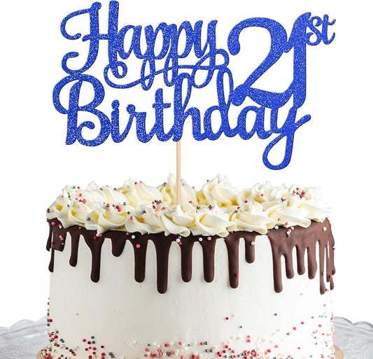 1 PCS Happy 21st Birthday Cake Topper Glitter Cheers to 21 Years Cake Pick 21 Fabulous Cake Decoration for 21st Birthday Theme Party Decorations Supplies Blue