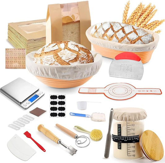Banneton Bread Proofing Basket Set, Sourdough Starter Kit with Starter Jar, Digital Scale, Whisk, Dough Scraper, Bread Lame, Bread Making Tools Kit for Baking, Fermentation