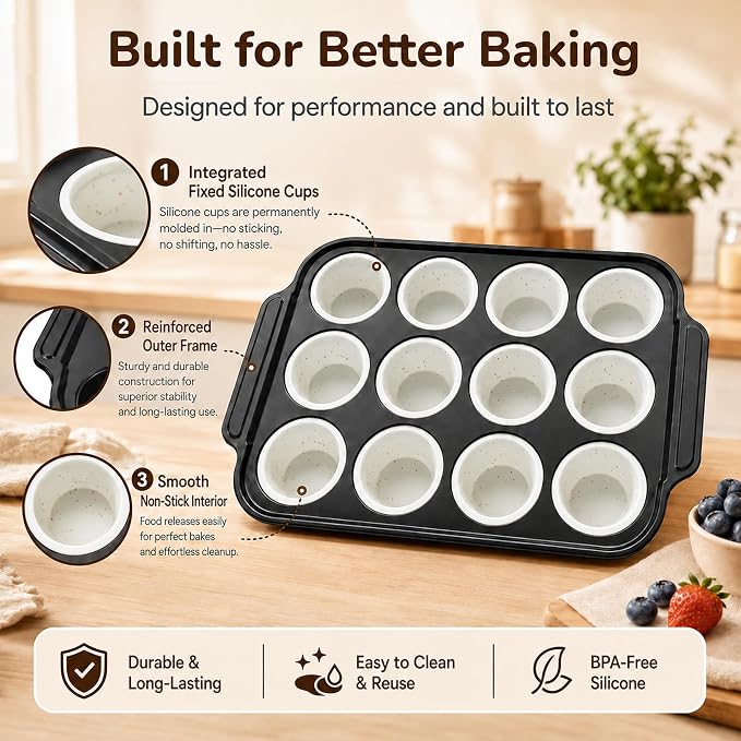 Silicone Muffin Pans for Baking with Metal Reinforced Frame, Muffin Tin Egg Bites Mold 12-Cup Regular Size, Nonstick Muffin Cups Tray Easy to Pop Cupcake Pan for Oven - White