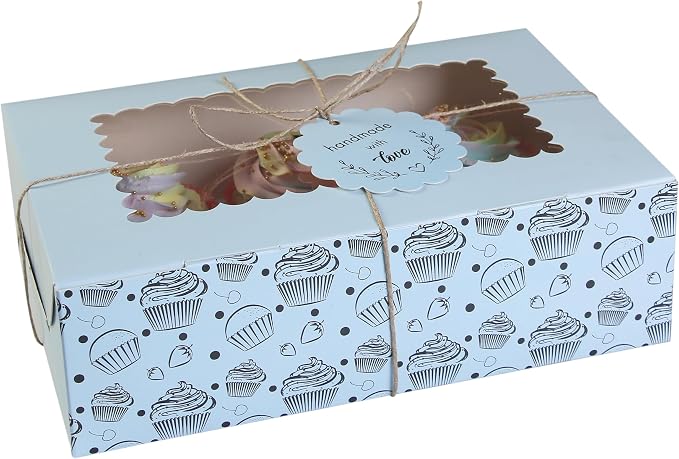 Cupcake and Muffin Boxes (Pack of 20), Fits 6 Treats comes with Insert trays, Tags and Twine (Blue)