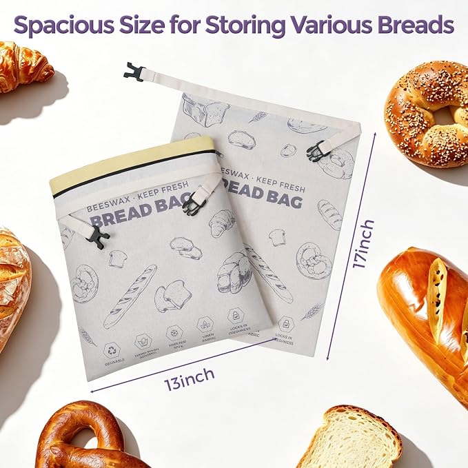 YARRAMATE Reusable Beeswax Bread Bags for Homemade Bread & Sourdough, 2 Pack XL 17x13in Linen Organic Bread Storage Bags with Zipper for Loaf, Baguette, Bagels and Sandwich Bread, Freezer Safe, Purple