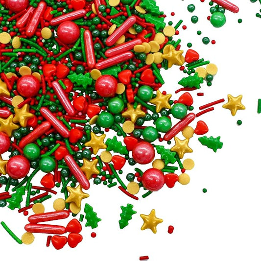 LEBERY Christmas Sprinkles Red Green Gold Sprinkles Holiday Sprinkle Mix Christmas Tree Sprinkle Star Cake Decoration Christma Jimmies Heart for Baking Cookie Ice Cream Decorations - 4.6 oz