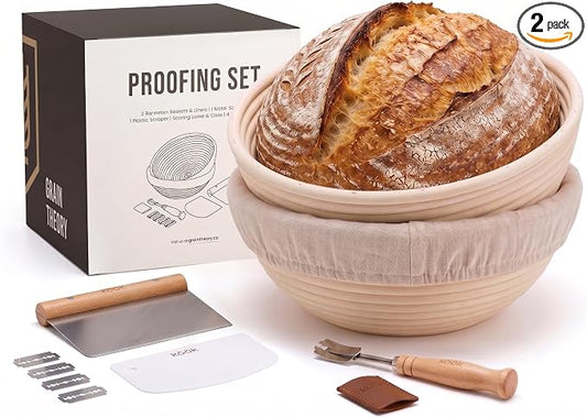 Kook Banneton Bread Proofing Set, Artisan Sourdough Bread Making Kit, 9 Inch Handwoven Rattan Baskets and Liners, Metal & Plastic Dough Scrapers, Scoring Lame & Case, 4 Extra Blades, Set of 2, Round