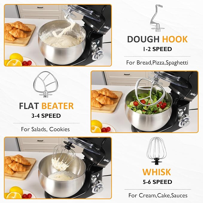 6-IN-1 Electric Stand Mixer with 6.5QT Bowl, Multifuctional Kitchen Mixer with Dough Hook, Whisk & Beater, 3-in-1 Food Processor & Meat Grinder Attachment, For Baking, Bread, Pasta, Cookies