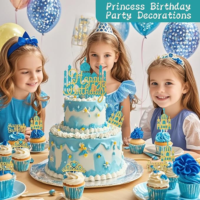 2Pcs Lake Blue Princess Cake Toppers Glitter Happy Birthday Cake Picks Castle Decorations for Girls Princess Birthday New Year Party Supplies