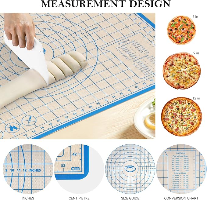 Silicone Baking Mat,28in×20in & 16in×12in Pastry Mat,Measuring Non-slip Dough mat Mats for Baking,Kneading Dough,Table Mats Blue (2Pack)