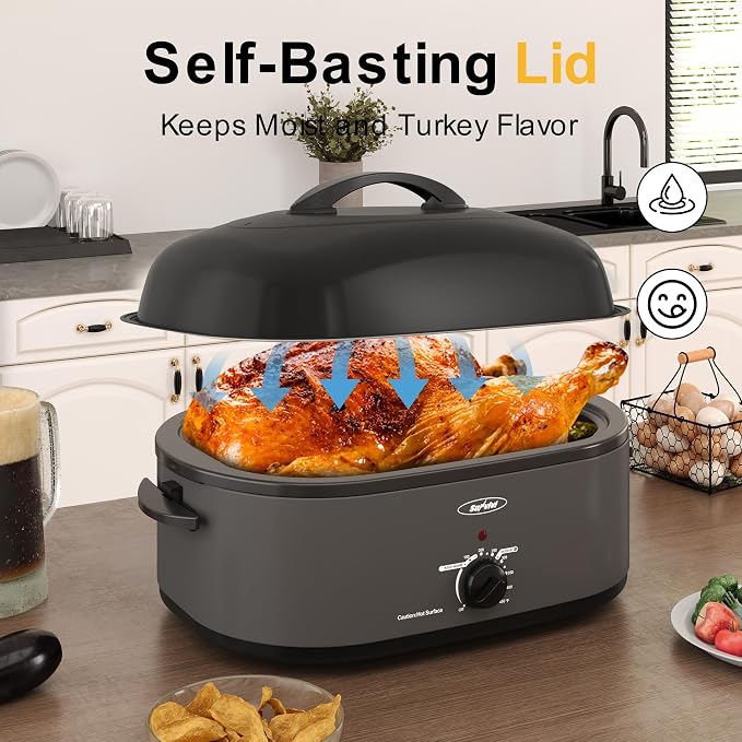 Sunvivi Roaster Oven with Self-Basting Lid,20 Quart Electric Roaster with Removable Pan & Rack,150-450°F Full-Range Temperature Control with Defrost/Warm Function,Stainless Steel,Grey