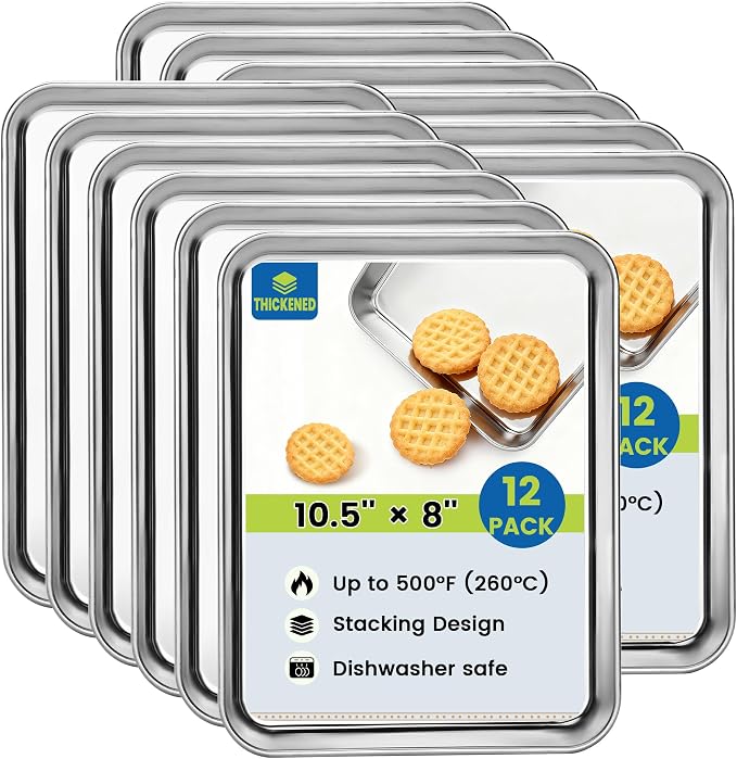 BIEAMA 12 Pack Stainless Steel Toaster Oven Baking Sheets, 10.5 x 8 in | Stainless steel pans with no chemical coating, mirror-polished finish and rolled edges; dishwasher safe, oven safe to 500°F.