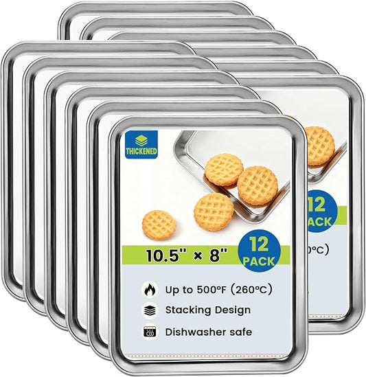 BIEAMA 12 Pack Stainless Steel Toaster Oven Baking Sheets, 10.5 x 8 in | Stainless steel pans with no chemical coating, mirror-polished finish and rolled edges; dishwasher safe, oven safe to 500°F.