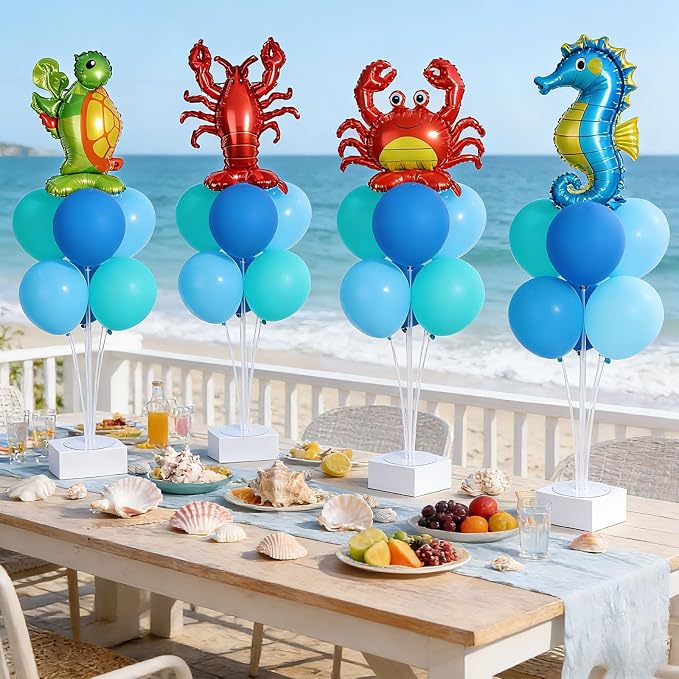 4 Sets Ocean Animal Theme Party Balloons Stand Kit with Sea Turtle Seahorse Lobster Crab Foil Balloons Party Balloon Centerpiece for Tables for Under the Sea Birthday Pool Beach Decoration