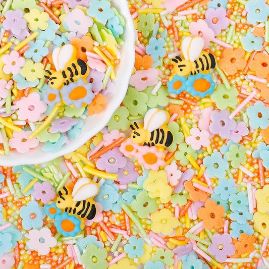 Easter Sprinkles Edible, Pastel Flower Sprinkles for Cake Decorating, Edible Flower and Bee Sugar Mix, Perfect for Cake Decorations, Baking, Ice Cream, Cookies, Cupcake Topping