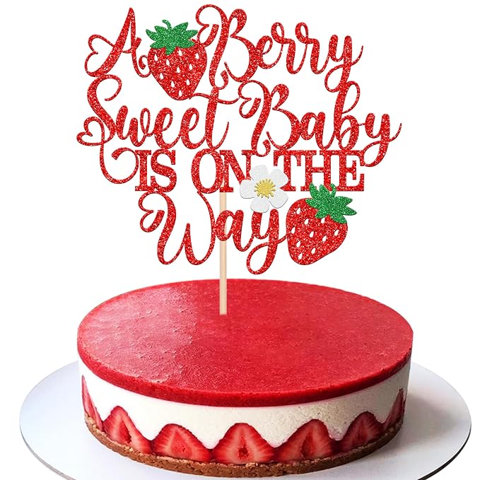 1 PCS A Berry Sweet Baby is On The Way Cake Topper Flower Strawberry Sweet One Cake Pick Berry 1st Birthday Cake Decorations for Baby Shower Gender Reveal Strawberry First Birthday Party Supplies