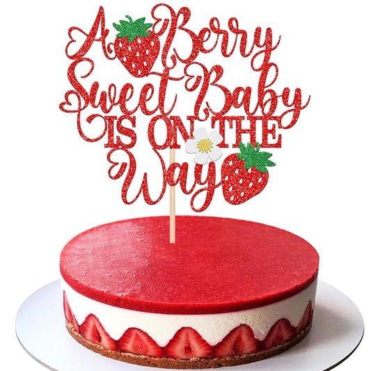 1 PCS A Berry Sweet Baby is On The Way Cake Topper Flower Strawberry Sweet One Cake Pick Berry 1st Birthday Cake Decorations for Baby Shower Gender Reveal Strawberry First Birthday Party Supplies