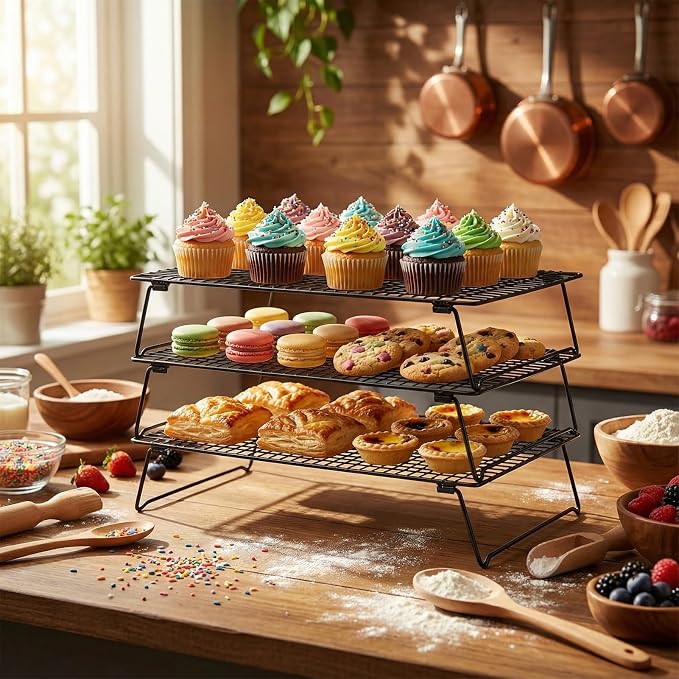 3 Tier Large Cooling Rack for Baking, 17 x 11 Inch Stackable Stainless Steel Wire Cooling Racks, Collapsible Cookie & Bread Cooling Rack with 150 Baking Papers and Stainless Steel Cake Tongs
