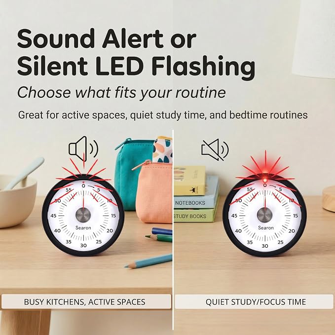 Searon Magnetic Visual Timer for Kids & Kitchen – 3.15" Rainbow Countdown Clock, 60-Minute Dial Timer, Sound or Silent LED Alert, Pause Function for Cooking, Baking, ADHD & Daily Routines (Black)