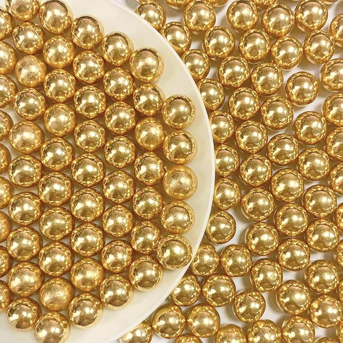 PhilaeEC Gold Pearls 10mm Size Sprinkles for Cake Decoration Edible Candy Baking Cookie Cupcake Toppers Wedding Party Valentines Halloween Christmas Supplies 4.23oz