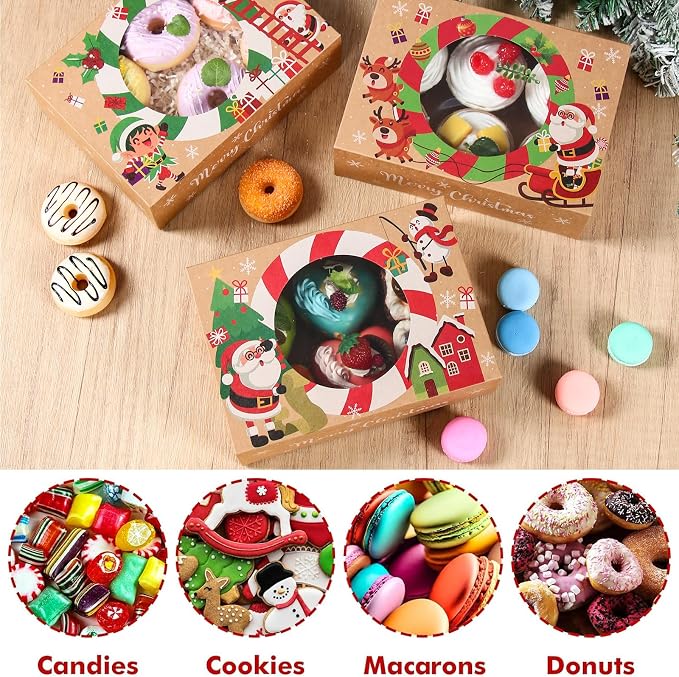Patimate 12pcs Christmas Cookie Boxes for Gift Giving, 3 Style Brown Kraft Paper Bakery Boxes with Window, Xmas Holiday Treat Containers With Lids for Cookie Cupcakes Donuts Candy