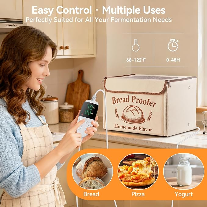 Proofing Box - Foldable Proofing Bread Box with 68-122°F Temp Control & 48H Timer, Bread Proofer for Sourdough, Pizza Dough, Yogurt, Kombucha, 5-Layer Fabric