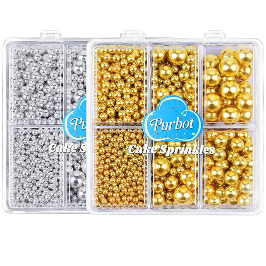 Gold and Silver Pearl Sprinkle for Cake Decorating(2-Pack), 4 Sizes Sugar 9.2oz, Cupcake, Ice Cream, Donuts, Macaron Toppings Supplies (2mm, 4mm, 7mm, 1cm)