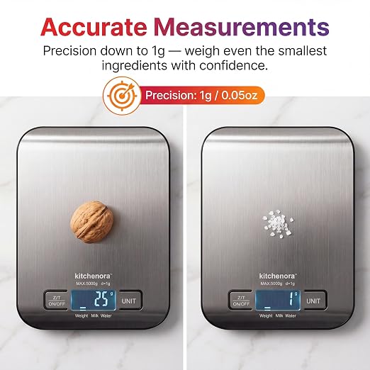 Digital Food Kitchen Scale, 11lb/5kg Capacity with 1g Precision, 5 Units (g/oz/lb:oz/ml/fl'oz), 304 Stainless Steel Surface, Backlit LCD, Tare Function for Cooking, Baking, Keto & Meal Prep