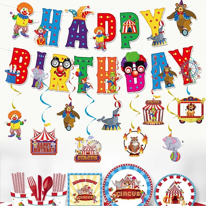 Zwiebeco Colorful Circus Happy Birthday Banner Bunting Hanging Paper Swirls Garland Party Decorations for Funfair Circus Amusement Park Clown Carnivals Themed Kids Bday Decor Accessories Supplies