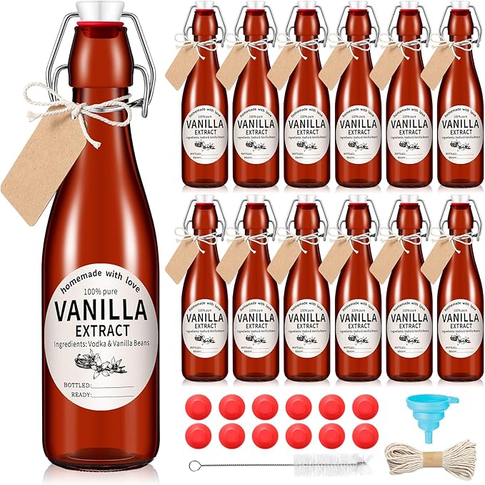 Vesici 12 Sets Swing Top Glass Bottles Set Amber Homemade Vanilla Extract Bottles Vanilla Extract Jars for Christmas DIY Crafts (12 Oz)