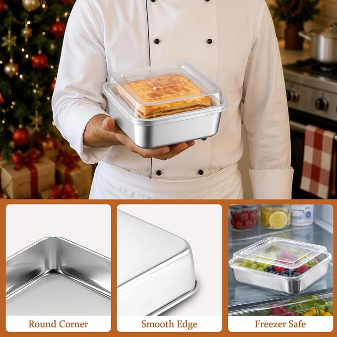 LIANYU 6 x 6 Inch Square Cake Pans with Lids, 2 Inch Deep Stainless Steel Lasagna Brownie Pan, Healthy Non-Toxic Bakeware, Dishwasher Safe (2 Pan +2 Lid)