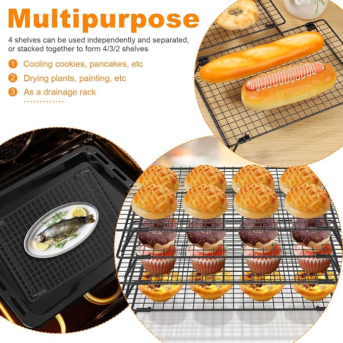 4Pcs Cooling Racks for Cooking and Baking, 4-Tier Stackable Roasting Rack, 13.4 x 9.4 Inch Carbon Steel Baking Rack for Oven Cooking, Roasting, Grilling Making Jerky (Black, 4Pcs)