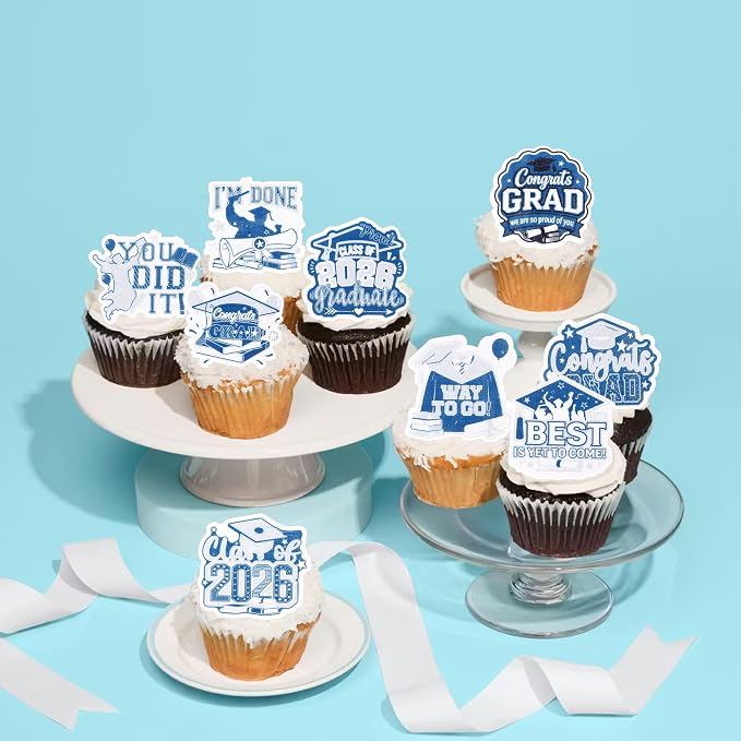 63 PCS Edible 2026 Graduation Cupcake Toppers Class of 2026 Cupake Picks Edible Done Diploma Congrats Grad Cupcake Decorations for 2026 Graduation Theme Party Cake Decorations Supplies Blue Silver
