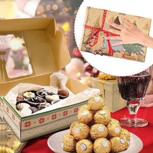 12 Packs Brown Christmas Cookie Boxes with Window for Gift Giving, Cute Cartoon Christmas tree/snow man/penguin Pattern Holiday Bakery Treat Boxes, Baking Box Xmas Kraft Boxes with Ribbons and DIY Gift Tags, Pastry, Candy, Party Favors