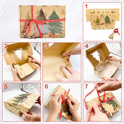 12 Packs Brown Christmas Cookie Boxes with Window for Gift Giving, Cute Cartoon Christmas tree/snow man/penguin Pattern Holiday Bakery Treat Boxes, Baking Box Xmas Kraft Boxes with Ribbons and DIY Gift Tags, Pastry, Candy, Party Favors