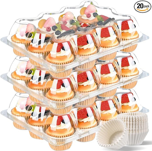 Plastic Cupcake Containers 12 Count (20 Sets), Stackable Cupcake Boxes Holders with Tall Dome Lid, Disposable Cupcake Carrier Trays Include 240 Cupcake Liners