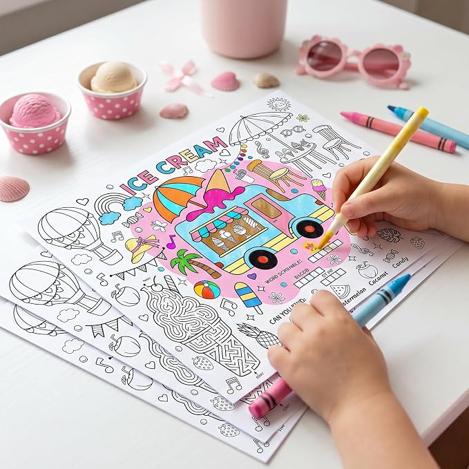 45pcs Ice Cream Disposable Coloring Placemats Summer Crafts for Kids Birthday Party Favors Coloring Poster Cone Sundae Sprinkles Sweet Treat Activity Church Supplies Paper Table Mats