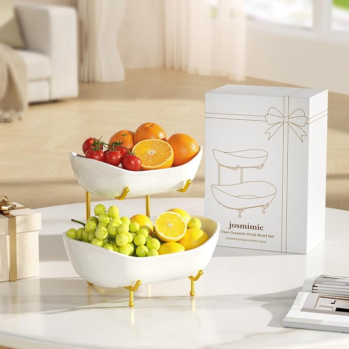 2 Tier Ceramic Fruit Bowl for Kitchen Counter – Fruit Basket with Gold Metal Stand, Holder for Snacks, Nuts, Cakes, Desserts, Bread, Candy Storage