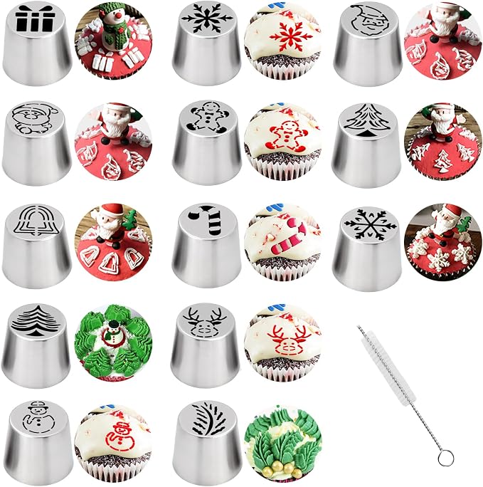 14-Piece Extra Large Christmas Russian Piping Tips, Stainless Steel Santa Claus, Snowflake, Christmas Tree Designs, for Cake Decorating Flower Nozzles Cookie Dessert Baking Tools