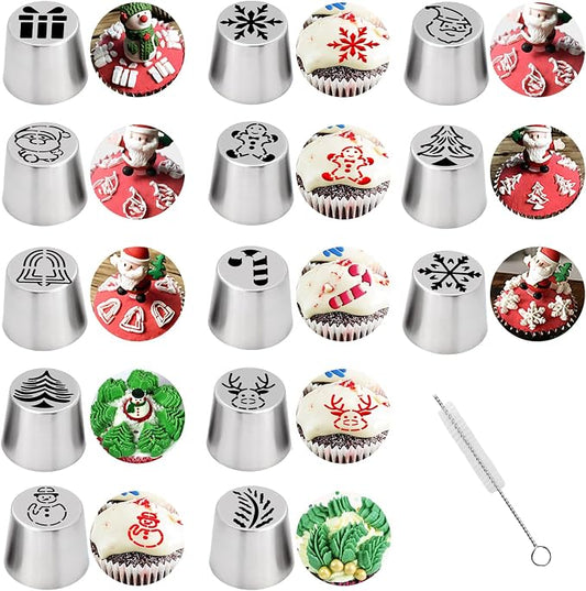 14-Piece Extra Large Christmas Russian Piping Tips, Stainless Steel Santa Claus, Snowflake, Christmas Tree Designs, for Cake Decorating Flower Nozzles Cookie Dessert Baking Tools